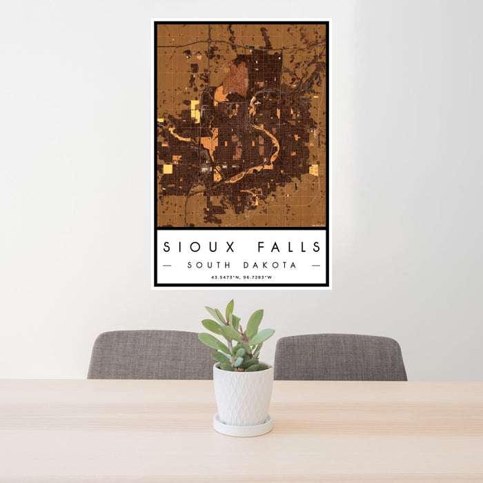 24x36 Sioux Falls South Dakota Map Print Portrait Orientation in Ember Style Behind 2 Chairs Table and Potted Plant