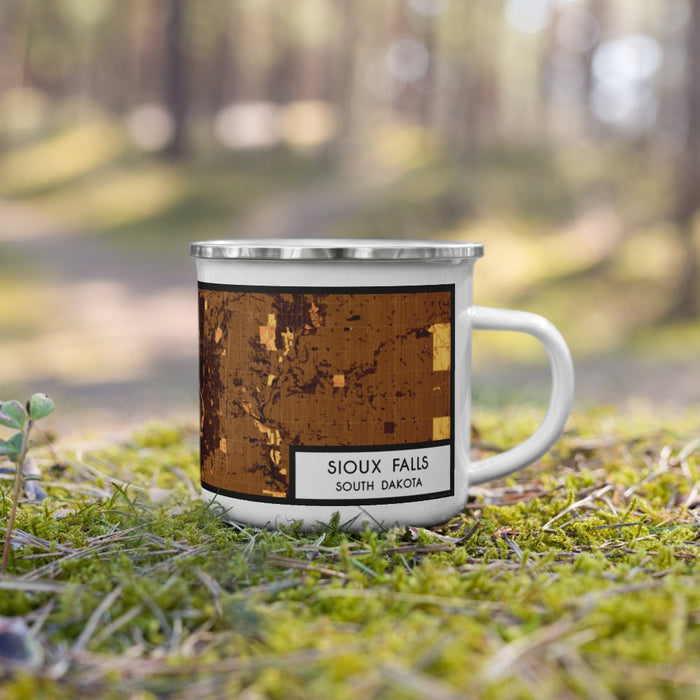 Right View Custom Sioux Falls South Dakota Map Enamel Mug in Ember on Grass With Trees in Background