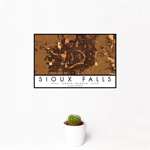 12x18 Sioux Falls South Dakota Map Print Landscape Orientation in Ember Style With Small Cactus Plant in White Planter