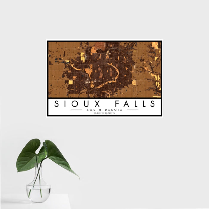 16x24 Sioux Falls South Dakota Map Print Landscape Orientation in Ember Style With Tropical Plant Leaves in Water
