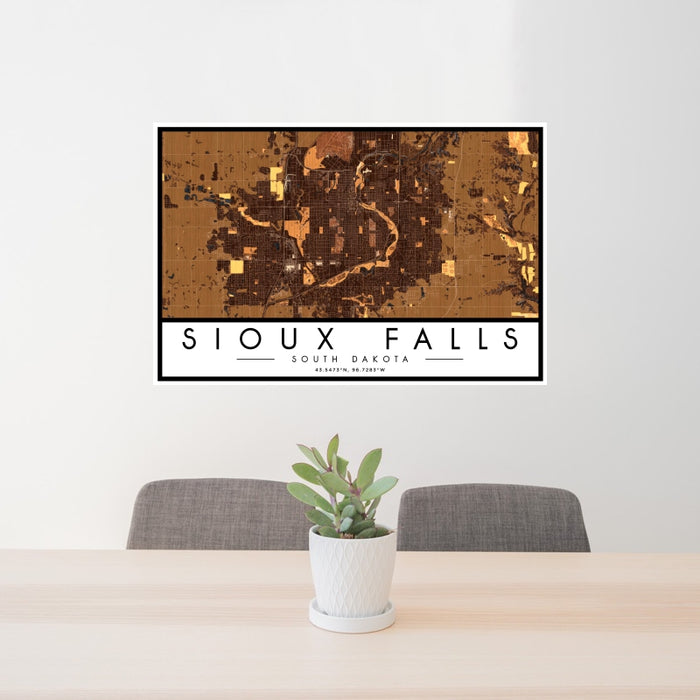 24x36 Sioux Falls South Dakota Map Print Landscape Orientation in Ember Style Behind 2 Chairs Table and Potted Plant