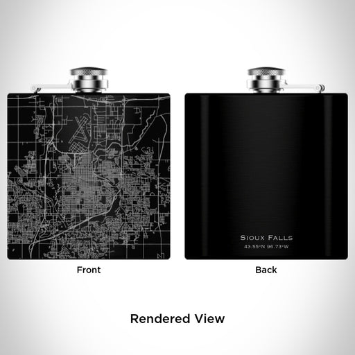 Rendered View of Sioux Falls South Dakota Map Engraving on 6oz Stainless Steel Flask in Black