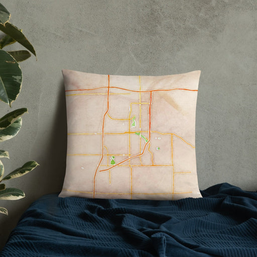 Custom Sioux Falls South Dakota Map Throw Pillow in Watercolor on Bedding Against Wall