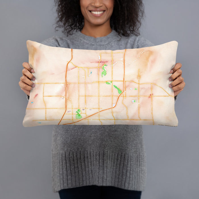 Person holding 20x12 Custom Sioux Falls South Dakota Map Throw Pillow in Watercolor