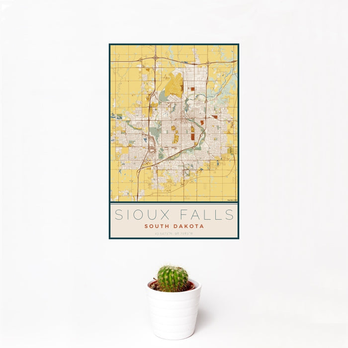 12x18 Sioux Falls South Dakota Map Print Portrait Orientation in Woodblock Style With Small Cactus Plant in White Planter