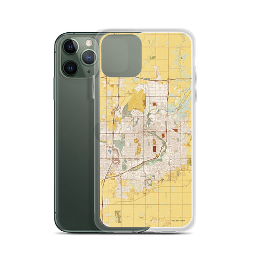 Custom Sioux Falls South Dakota Map Phone Case in Woodblock on Table with Laptop and Plant