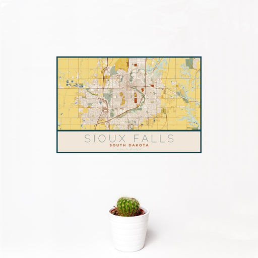 12x18 Sioux Falls South Dakota Map Print Landscape Orientation in Woodblock Style With Small Cactus Plant in White Planter