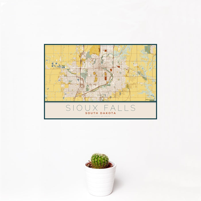 12x18 Sioux Falls South Dakota Map Print Landscape Orientation in Woodblock Style With Small Cactus Plant in White Planter