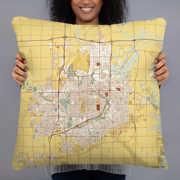 Person holding 22x22 Custom Sioux Falls South Dakota Map Throw Pillow in Woodblock