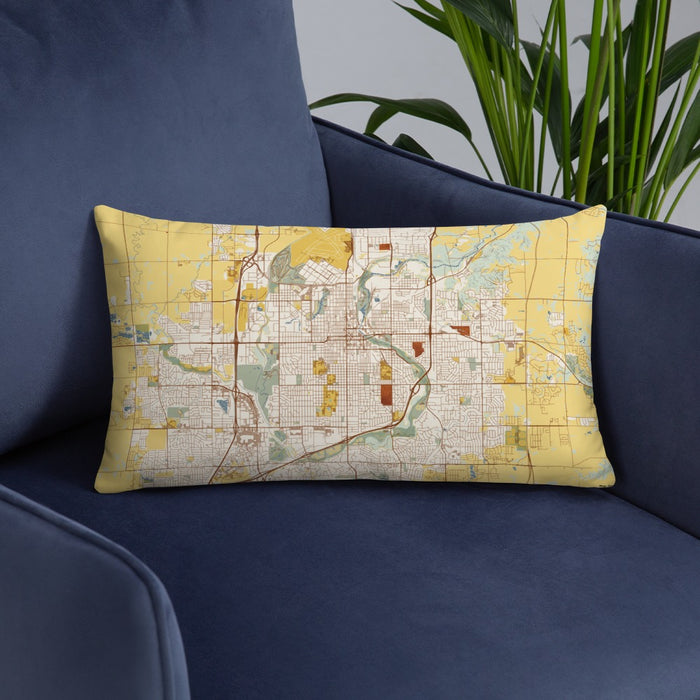 Custom Sioux Falls South Dakota Map Throw Pillow in Woodblock on Blue Colored Chair
