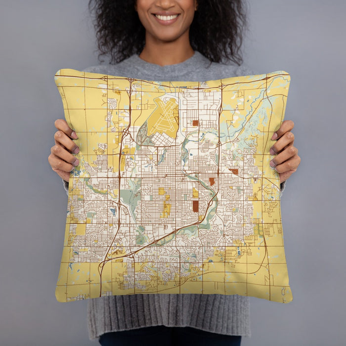 Person holding 18x18 Custom Sioux Falls South Dakota Map Throw Pillow in Woodblock