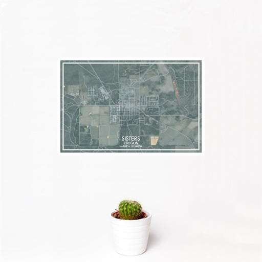 12x18 Sisters Oregon Map Print Landscape Orientation in Afternoon Style With Small Cactus Plant in White Planter