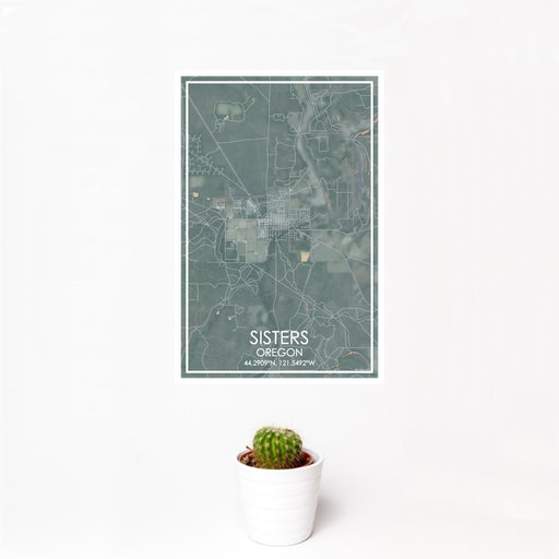 12x18 Sisters Oregon Map Print Portrait Orientation in Afternoon Style With Small Cactus Plant in White Planter