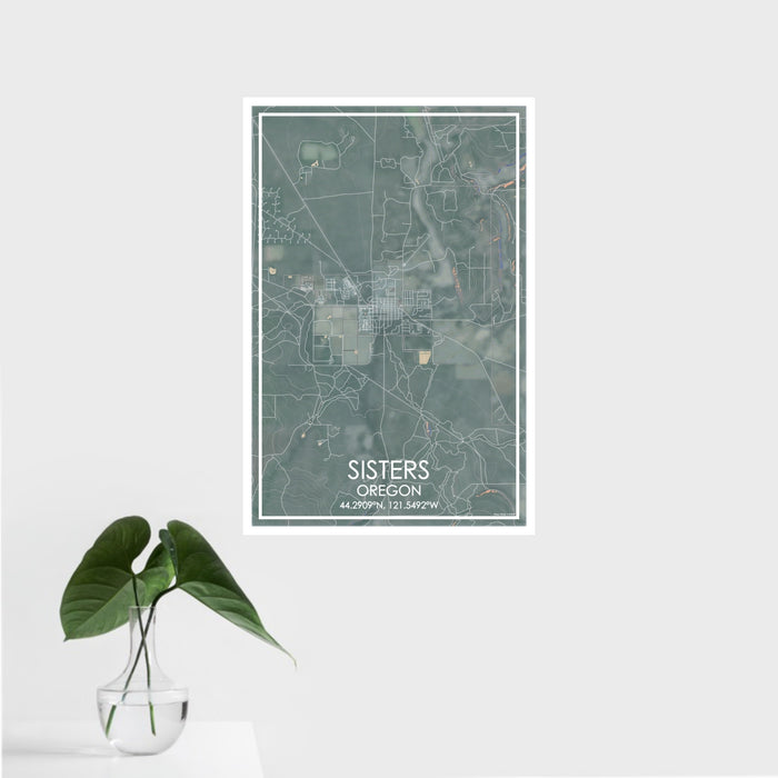 16x24 Sisters Oregon Map Print Portrait Orientation in Afternoon Style With Tropical Plant Leaves in Water
