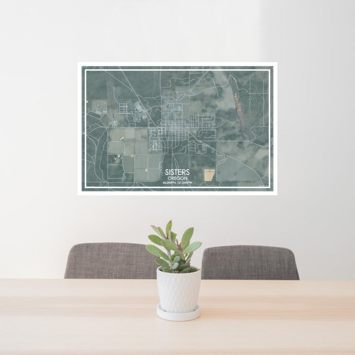24x36 Sisters Oregon Map Print Lanscape Orientation in Afternoon Style Behind 2 Chairs Table and Potted Plant