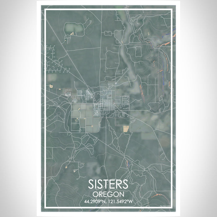 Sisters Oregon Map Print Portrait Orientation in Afternoon Style With Shaded Background