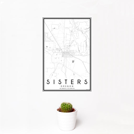 12x18 Sisters Oregon Map Print Portrait Orientation in Classic Style With Small Cactus Plant in White Planter