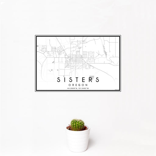 12x18 Sisters Oregon Map Print Landscape Orientation in Classic Style With Small Cactus Plant in White Planter
