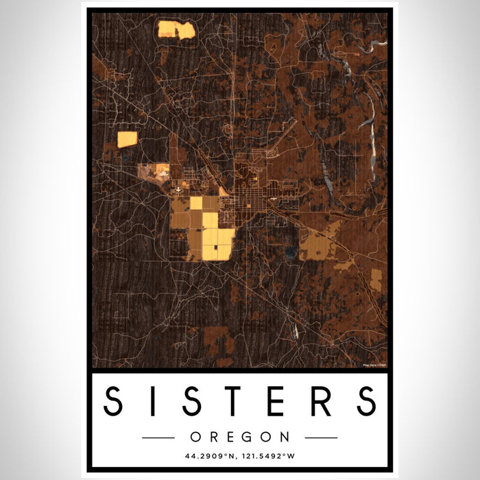 Sisters Oregon Map Print Portrait Orientation in Ember Style With Shaded Background