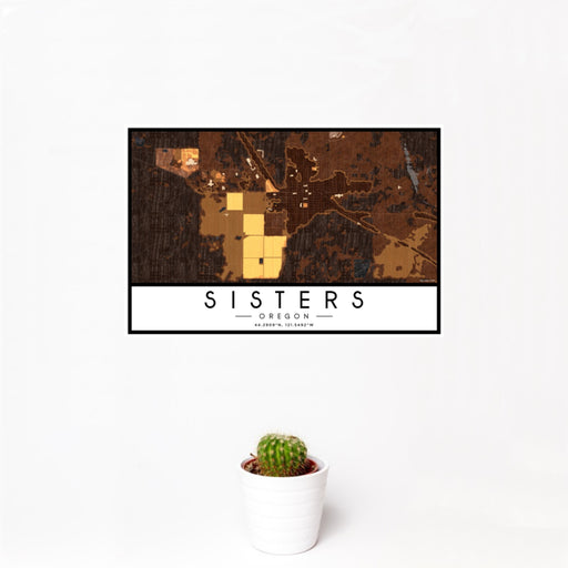 12x18 Sisters Oregon Map Print Landscape Orientation in Ember Style With Small Cactus Plant in White Planter