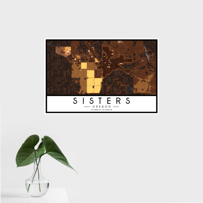 16x24 Sisters Oregon Map Print Landscape Orientation in Ember Style With Tropical Plant Leaves in Water