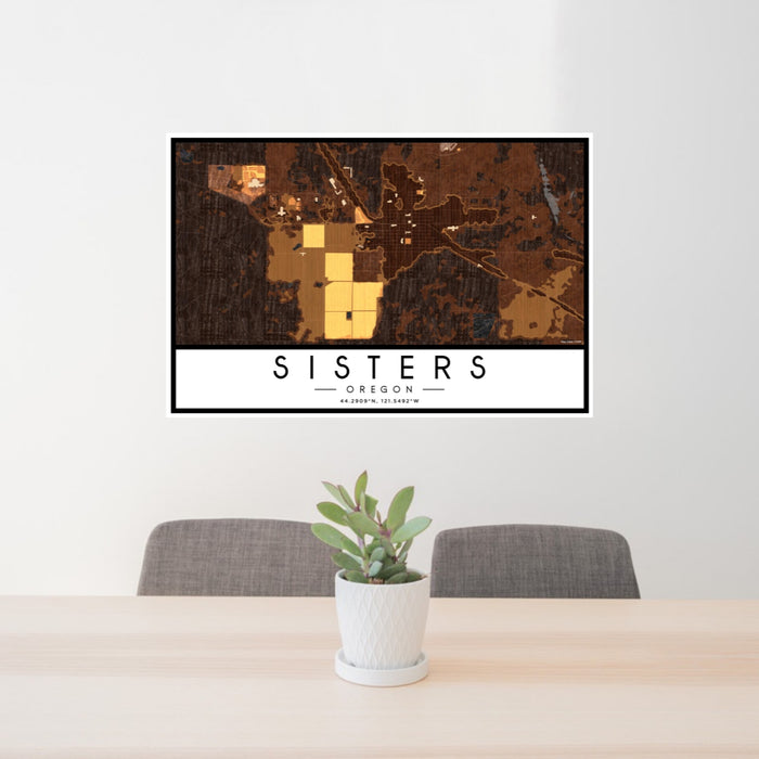 24x36 Sisters Oregon Map Print Landscape Orientation in Ember Style Behind 2 Chairs Table and Potted Plant
