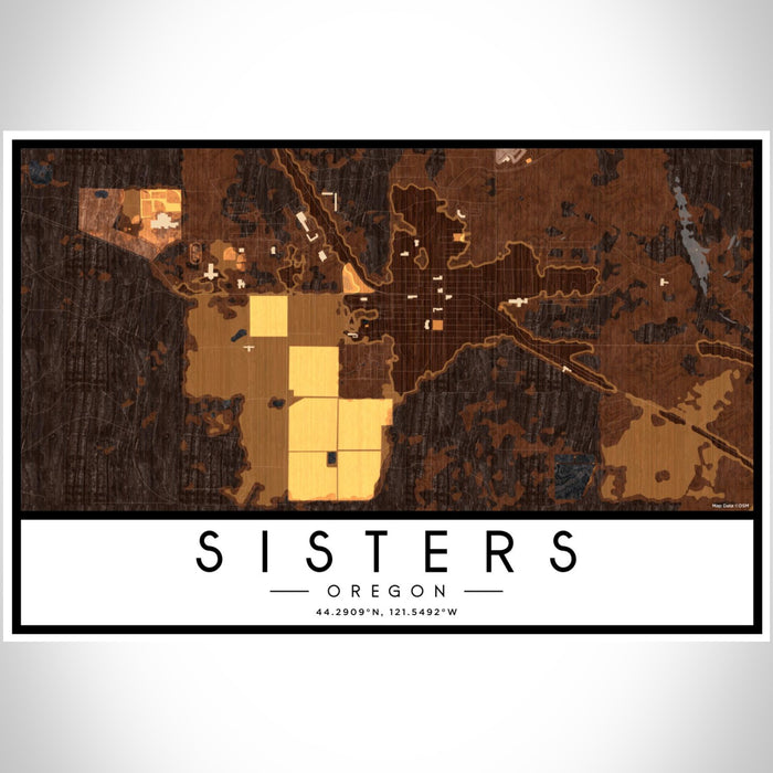Sisters Oregon Map Print Landscape Orientation in Ember Style With Shaded Background