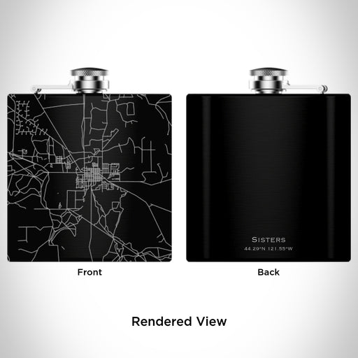Rendered View of Sisters Oregon Map Engraving on 6oz Stainless Steel Flask in Black