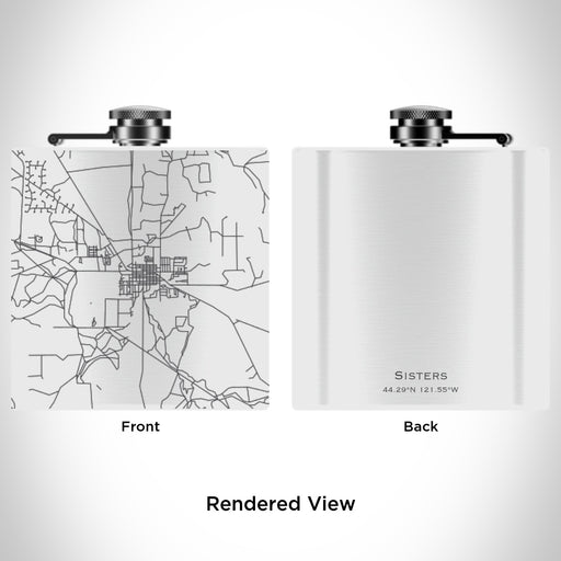 Rendered View of Sisters Oregon Map Engraving on 6oz Stainless Steel Flask in White