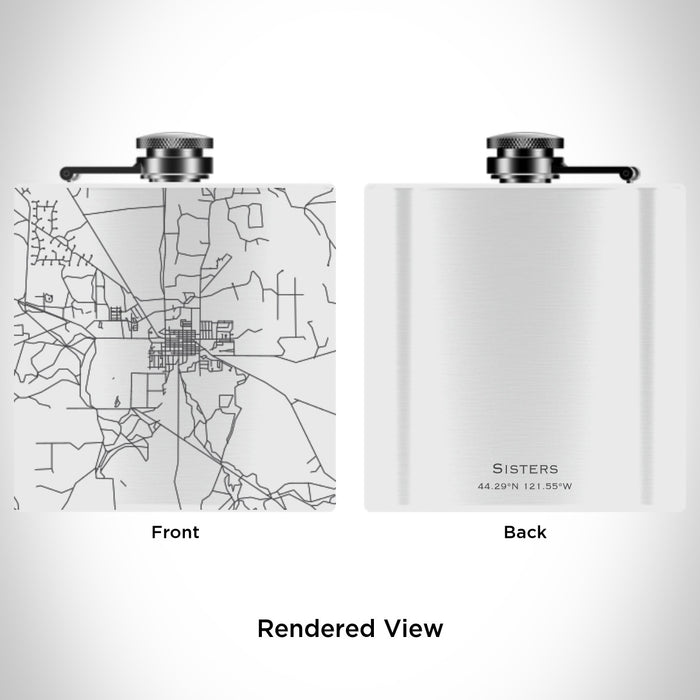 Rendered View of Sisters Oregon Map Engraving on 6oz Stainless Steel Flask in White