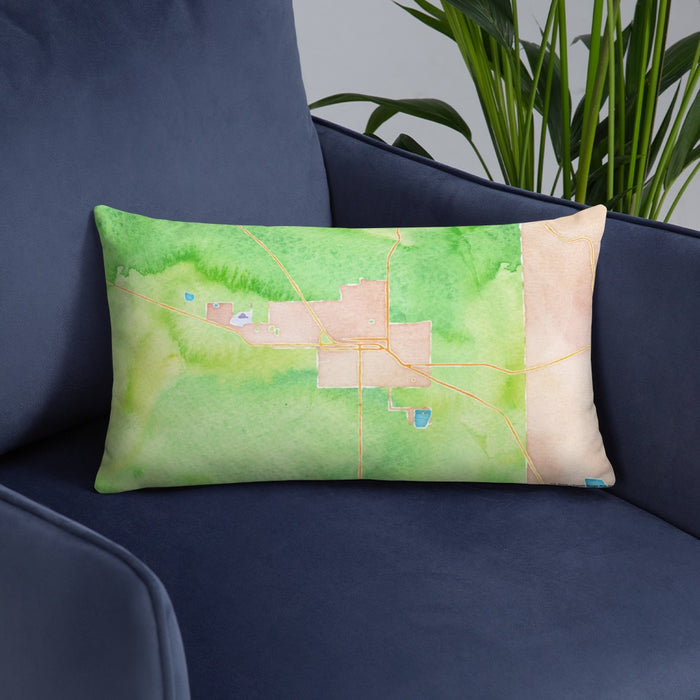 Custom Sisters Oregon Map Throw Pillow in Watercolor on Blue Colored Chair