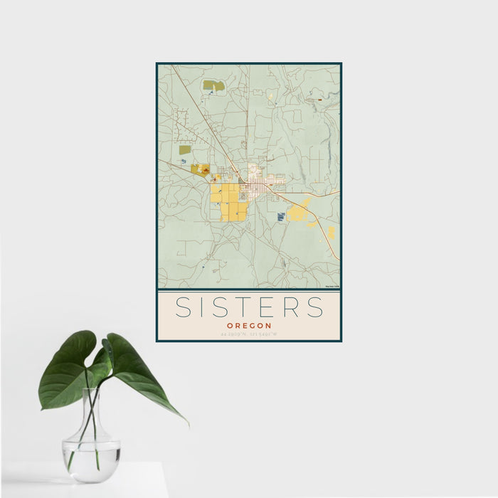 16x24 Sisters Oregon Map Print Portrait Orientation in Woodblock Style With Tropical Plant Leaves in Water