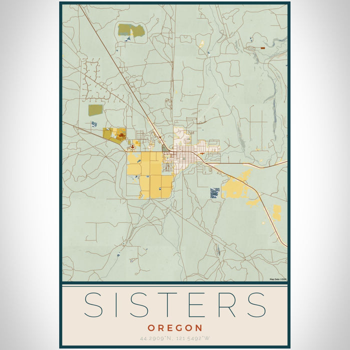 Sisters Oregon Map Print Portrait Orientation in Woodblock Style With Shaded Background