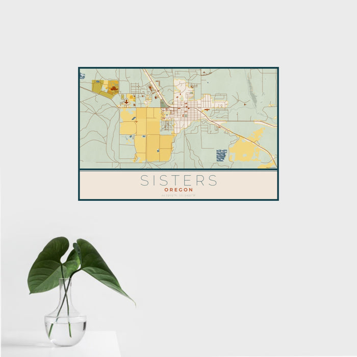 16x24 Sisters Oregon Map Print Landscape Orientation in Woodblock Style With Tropical Plant Leaves in Water