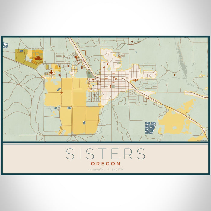 Sisters Oregon Map Print Landscape Orientation in Woodblock Style With Shaded Background