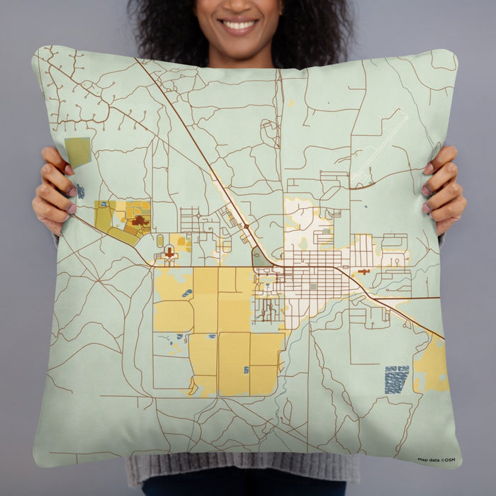 Person holding 22x22 Custom Sisters Oregon Map Throw Pillow in Woodblock