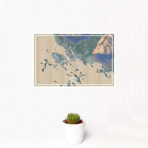 12x18 Sitka Alaska Map Print Landscape Orientation in Afternoon Style With Small Cactus Plant in White Planter