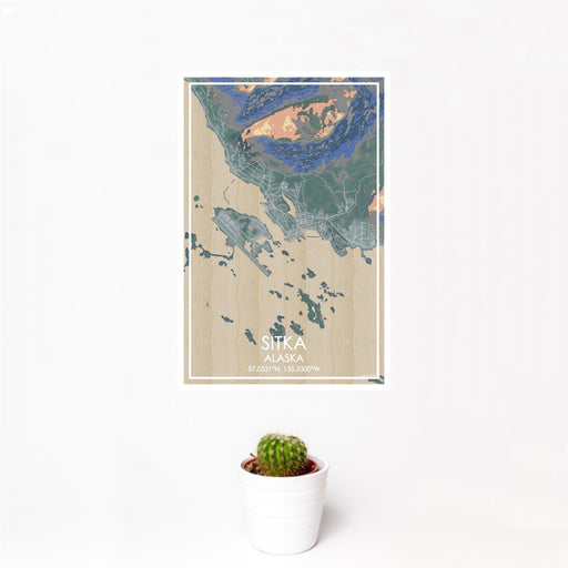 12x18 Sitka Alaska Map Print Portrait Orientation in Afternoon Style With Small Cactus Plant in White Planter