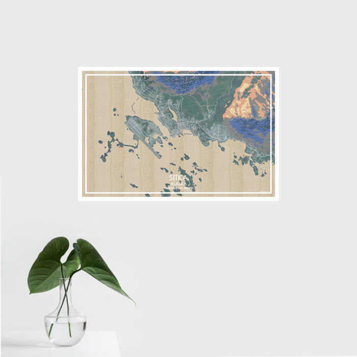 16x24 Sitka Alaska Map Print Landscape Orientation in Afternoon Style With Tropical Plant Leaves in Water