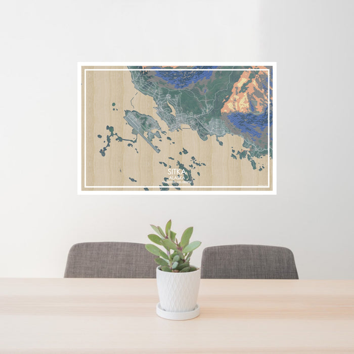 24x36 Sitka Alaska Map Print Lanscape Orientation in Afternoon Style Behind 2 Chairs Table and Potted Plant
