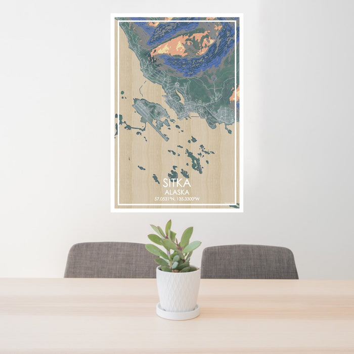 24x36 Sitka Alaska Map Print Portrait Orientation in Afternoon Style Behind 2 Chairs Table and Potted Plant