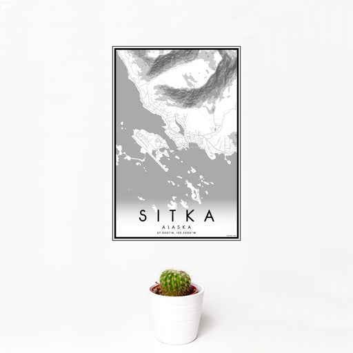12x18 Sitka Alaska Map Print Portrait Orientation in Classic Style With Small Cactus Plant in White Planter