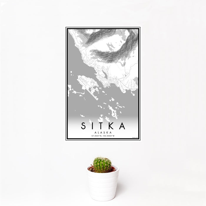12x18 Sitka Alaska Map Print Portrait Orientation in Classic Style With Small Cactus Plant in White Planter