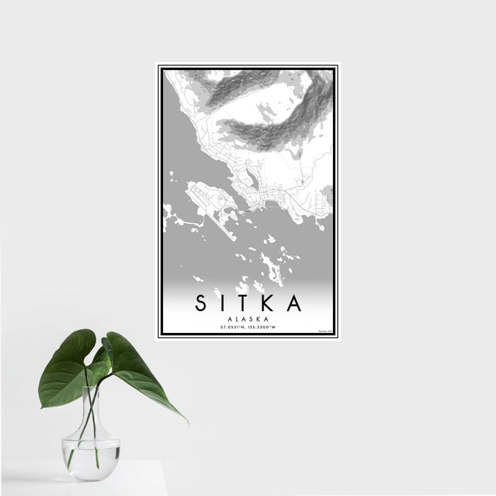 16x24 Sitka Alaska Map Print Portrait Orientation in Classic Style With Tropical Plant Leaves in Water