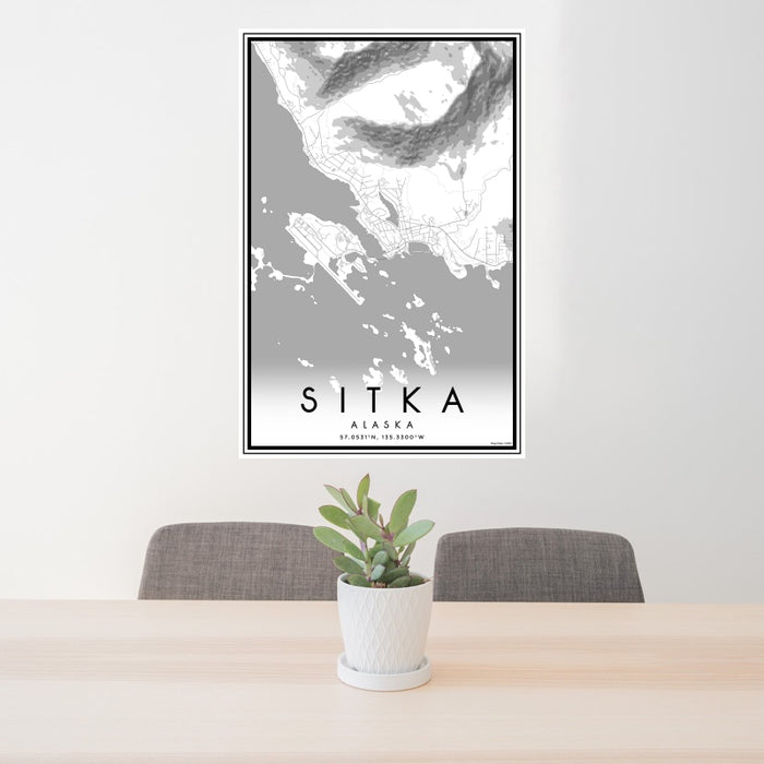 24x36 Sitka Alaska Map Print Portrait Orientation in Classic Style Behind 2 Chairs Table and Potted Plant