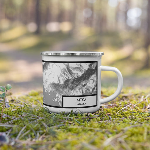 Right View Custom Sitka Alaska Map Enamel Mug in Classic on Grass With Trees in Background