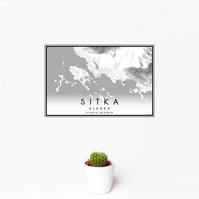 12x18 Sitka Alaska Map Print Landscape Orientation in Classic Style With Small Cactus Plant in White Planter
