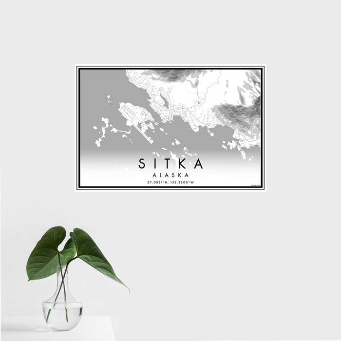 16x24 Sitka Alaska Map Print Landscape Orientation in Classic Style With Tropical Plant Leaves in Water