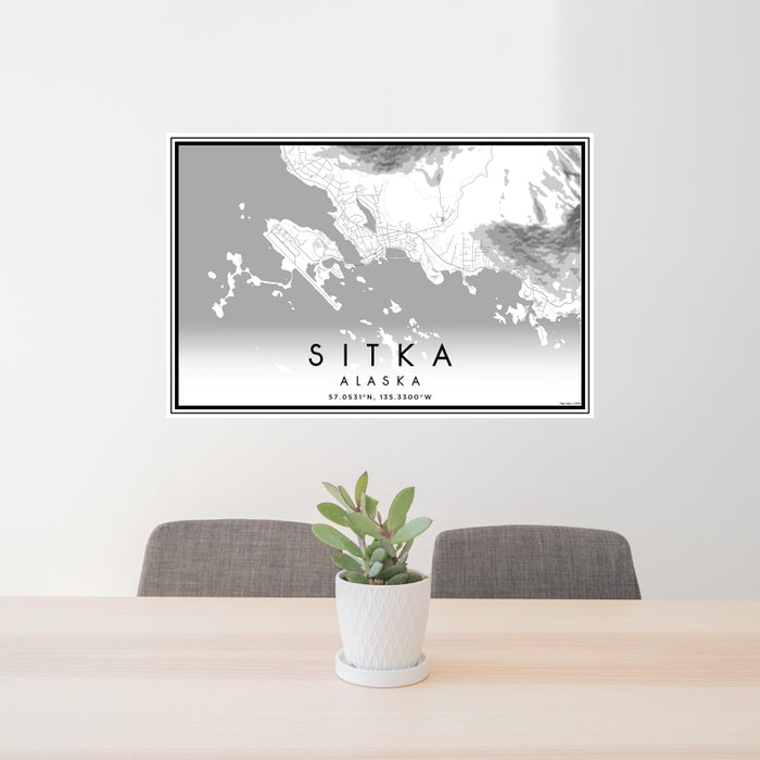 24x36 Sitka Alaska Map Print Landscape Orientation in Classic Style Behind 2 Chairs Table and Potted Plant