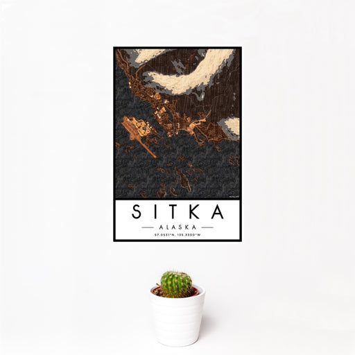 12x18 Sitka Alaska Map Print Portrait Orientation in Ember Style With Small Cactus Plant in White Planter